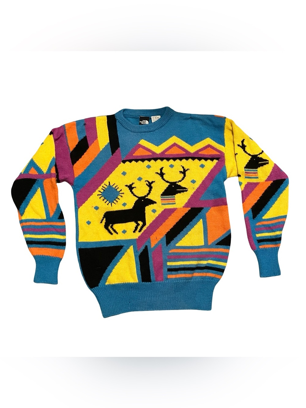 The North Face Men's Colorblock Reindeer Crewneck Sweater - Teal, Yellow & Black
